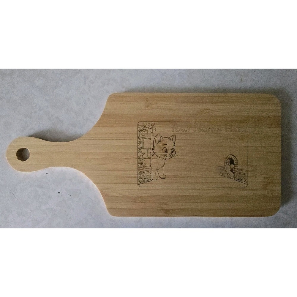 Personalized Cutting Board 11x5 Bamboo Cat & Mouse Decor